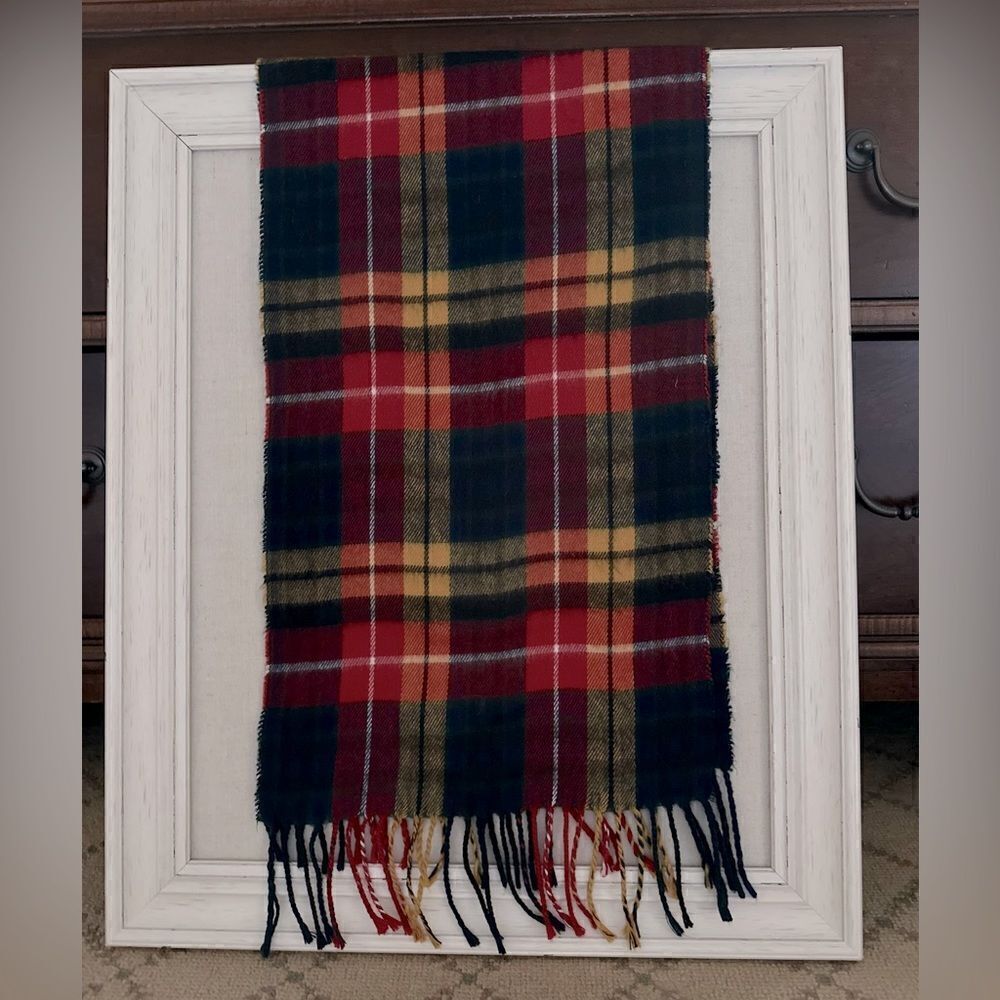 Vintage Cejon black, yellow, red, orange plaid muffler scarf with fringe.